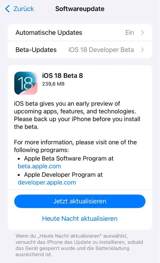 胡场镇苹果手机维修分享苹果 iOS / iPadOS 18 开发者预览版 Beta 8 发布 